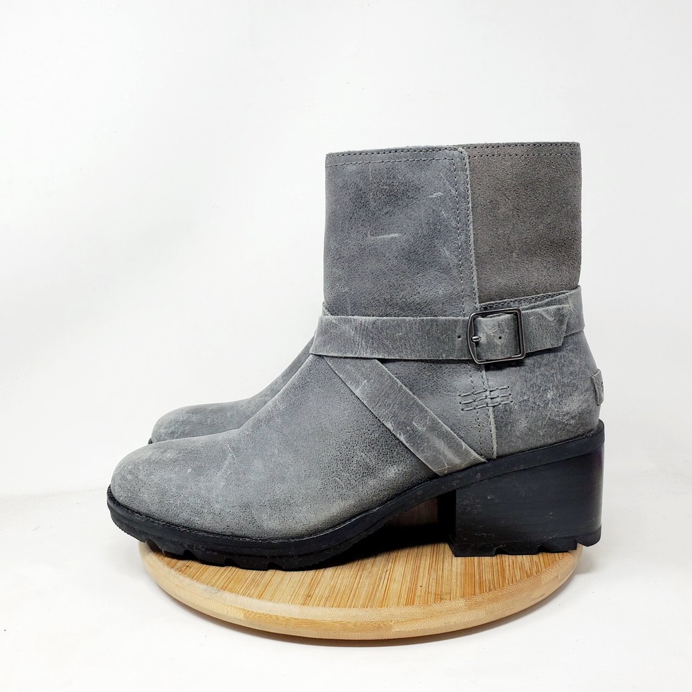 Sorel Cate Boots Womens 9 Grey Leather Buckle Harness Block Heel Lug Shoes